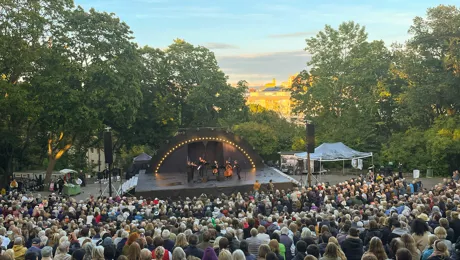 En utomhusscen med stor publik framför.