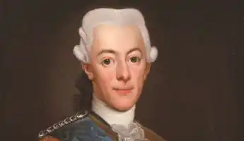 En porträttmålning föreställande en man med vit peruk och gammeldags kläder.