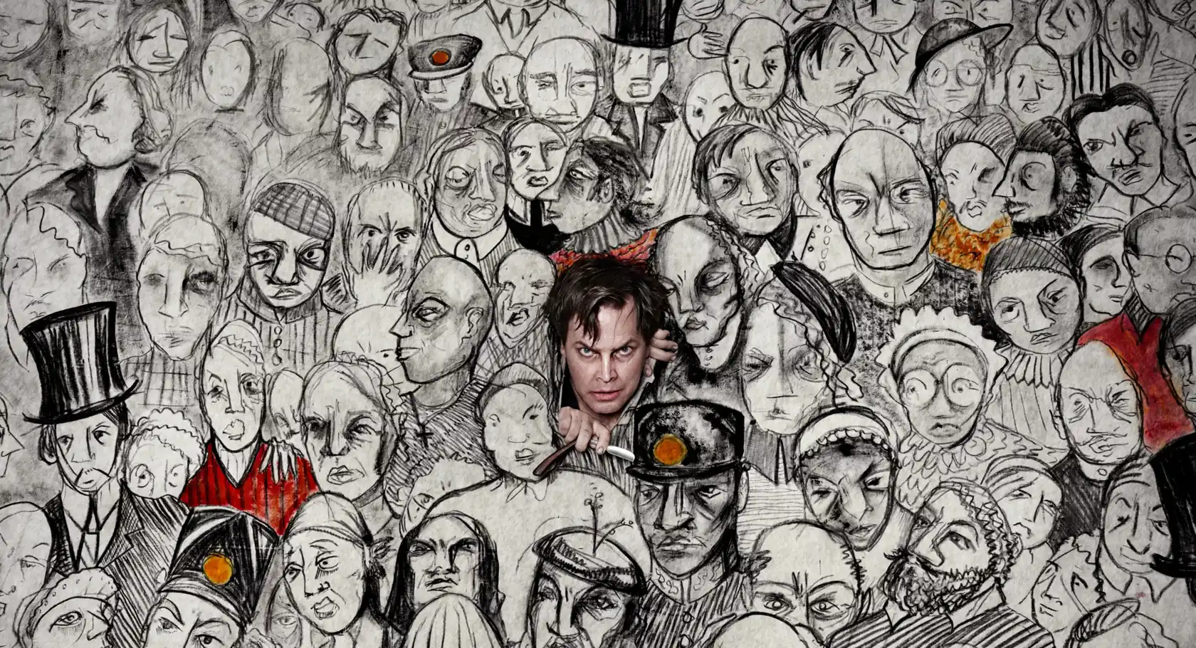 Through a large canvas painted with a crowd of people in black and white, a man armed with a knife breaks through the canvas.