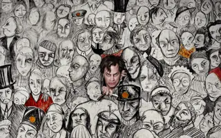 Genom en stor duk målad med en massa människor i svart-vitt bryter en en knivförsedd man sig igenom duken.