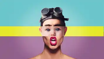 Person with black goggles and composite face against a tricolor background of yellow, light blue and purple.