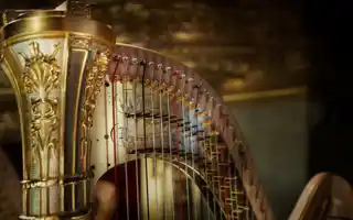 Close-up of the top of a gold-colored harp.