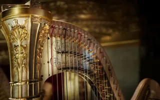Close-up of the top of a gold-colored harp.