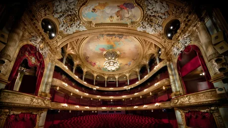 View of a large audience hall over several levels, red chairs and many gold decorations.