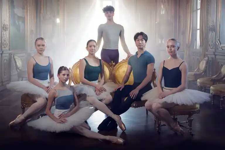 Six dancers gathered in a backlit room.