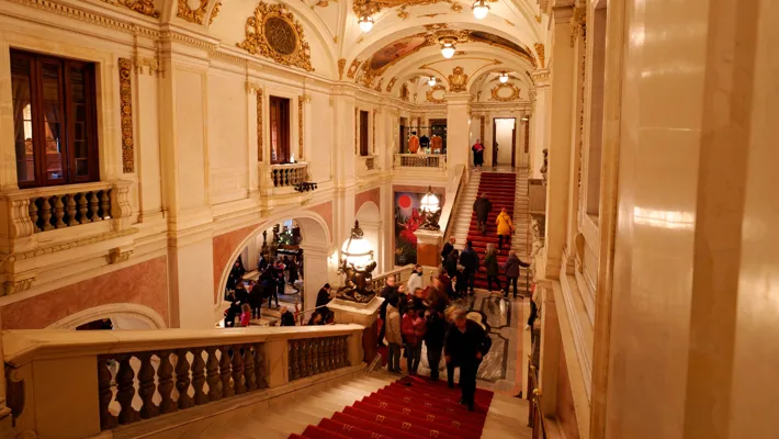 A group of people walking down a red carpeted staircase.