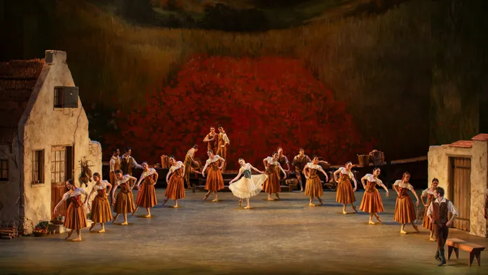 A multitude of dancers on a stage, in the center a young girl in a tulle skirt, flanked by two houses and a poppy field.
