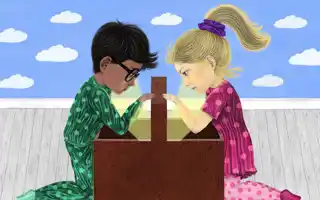 An illustration of a boy and a girl on either side of a box.