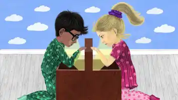 An illustration of a boy and a girl on either side of a box.