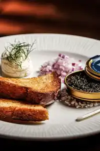 En vit tallrik med en burk kaviar, rostat bröd, finhackad lök och en topp med kräm.