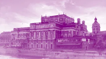 A large house by a stream, a church in the background, all covered in a purple color.